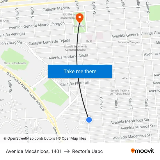 Avenida Mecánicos, 1401 to Rectoría Uabc map