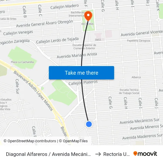 Diagonal Alfareros / Avenida Mecánicos Sur to Rectoría Uabc map