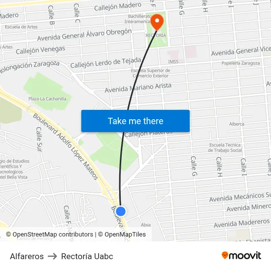 Alfareros to Rectoría Uabc map