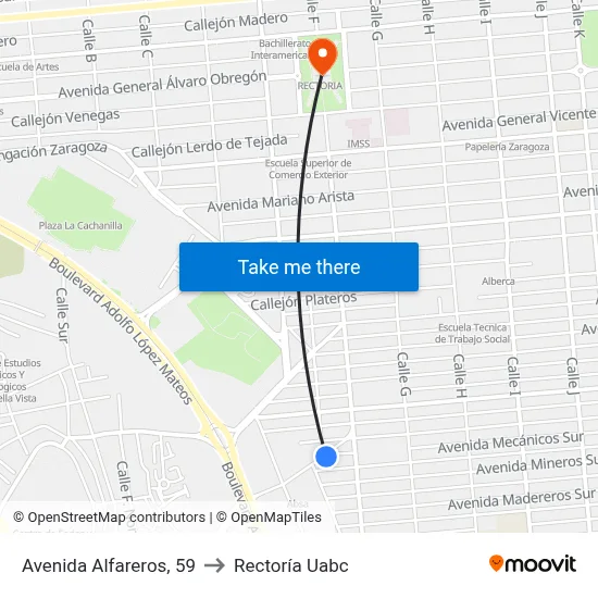 Avenida Alfareros, 59 to Rectoría Uabc map