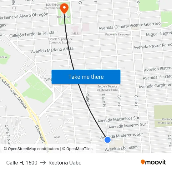 Calle H, 1600 to Rectoría Uabc map