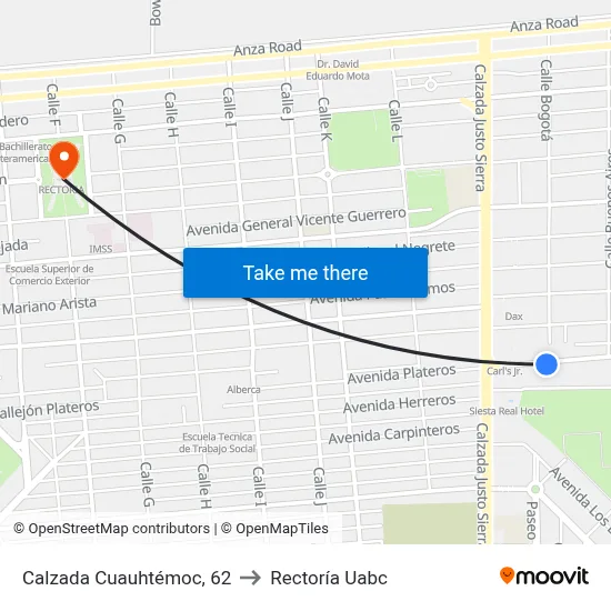 Calzada Cuauhtémoc, 62 to Rectoría Uabc map