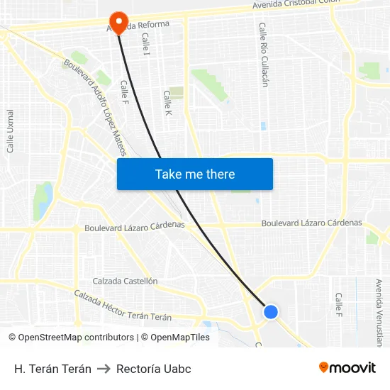 H. Terán Terán to Rectoría Uabc map