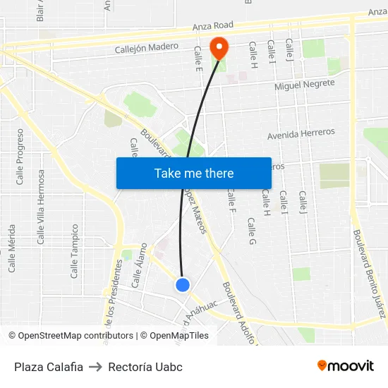 Plaza Calafia to Rectoría Uabc map