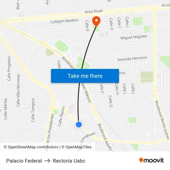 Palacio Federal to Rectoría Uabc map