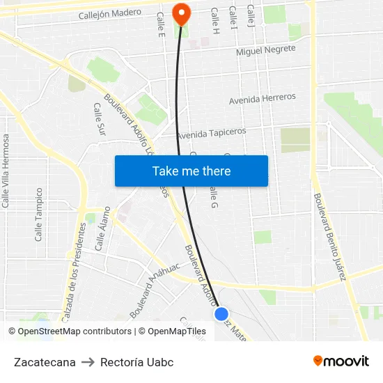 Zacatecana to Rectoría Uabc map