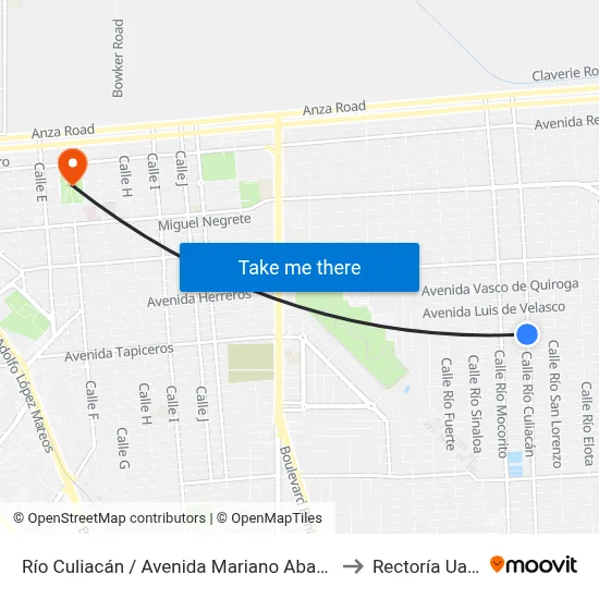 Río Culiacán / Avenida Mariano Abasolo to Rectoría Uabc map