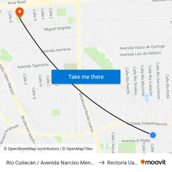 Río Culiacán / Avenida Narciso Mendoza to Rectoría Uabc map
