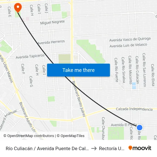 Río Culiacán / Avenida Puente De Calderón to Rectoría Uabc map