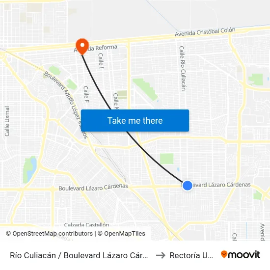 Río Culiacán / Boulevard Lázaro Cárdenas to Rectoría Uabc map