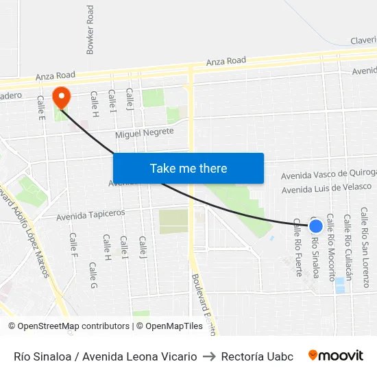 Río Sinaloa / Avenida Leona Vicario to Rectoría Uabc map