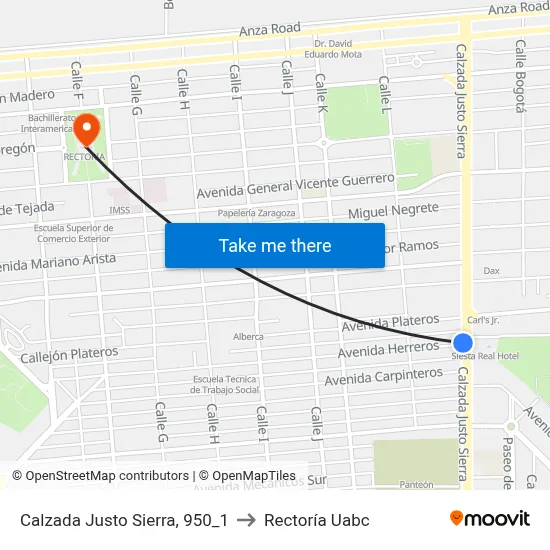 Calzada Justo Sierra, 950_1 to Rectoría Uabc map