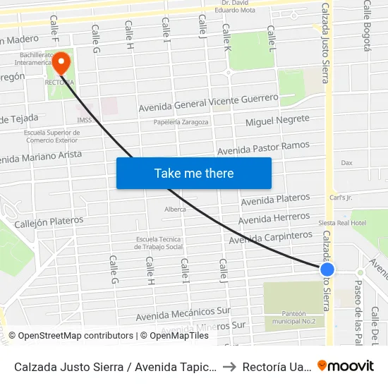 Calzada Justo Sierra / Avenida Tapiceros to Rectoría Uabc map