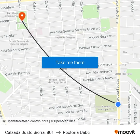 Calzada Justo Sierra, 801 to Rectoría Uabc map