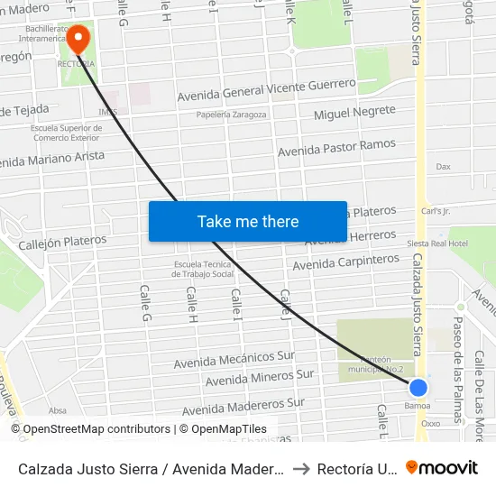 Calzada Justo Sierra / Avenida Madereros Sur to Rectoría Uabc map