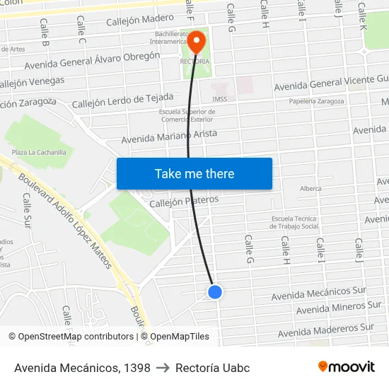 Avenida Mecánicos, 1398 to Rectoría Uabc map