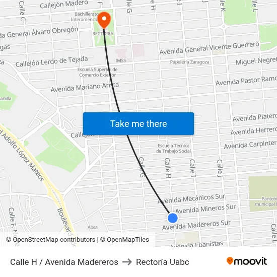 Calle H / Avenida Madereros to Rectoría Uabc map