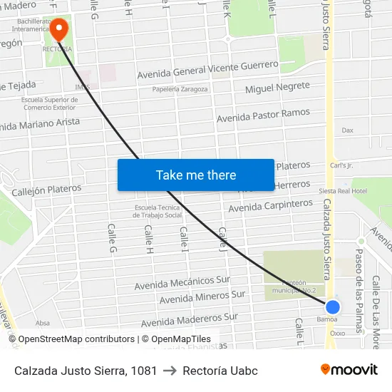 Calzada Justo Sierra, 1081 to Rectoría Uabc map