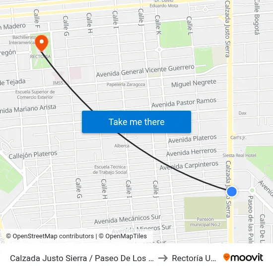Calzada Justo Sierra / Paseo De Los Pinos to Rectoría Uabc map