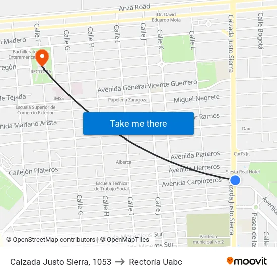 Calzada Justo Sierra, 1053 to Rectoría Uabc map