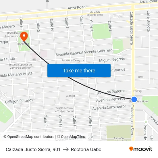 Calzada Justo Sierra, 901 to Rectoría Uabc map