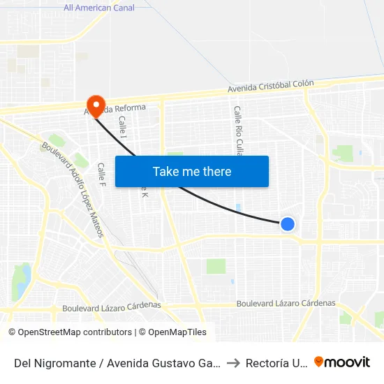 Del Nigromante / Avenida Gustavo Garmendia to Rectoría Uabc map