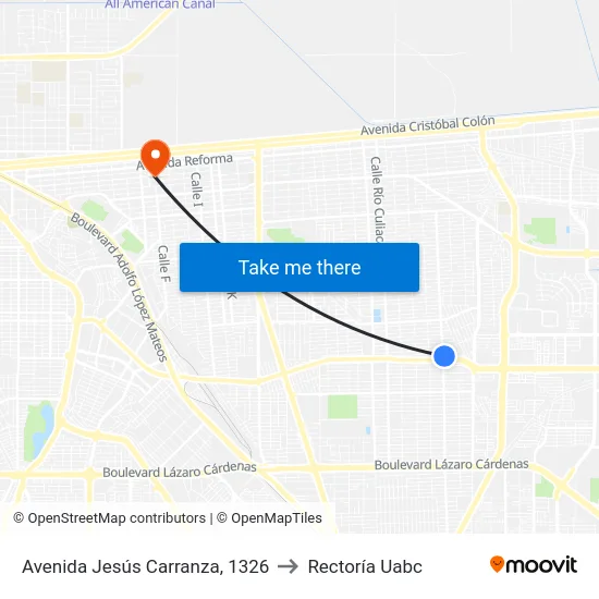Avenida Jesús Carranza, 1326 to Rectoría Uabc map