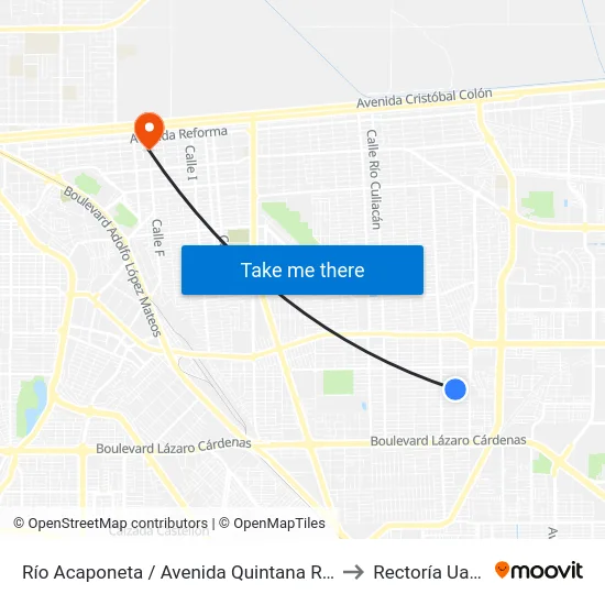 Río Acaponeta / Avenida Quintana Roo to Rectoría Uabc map