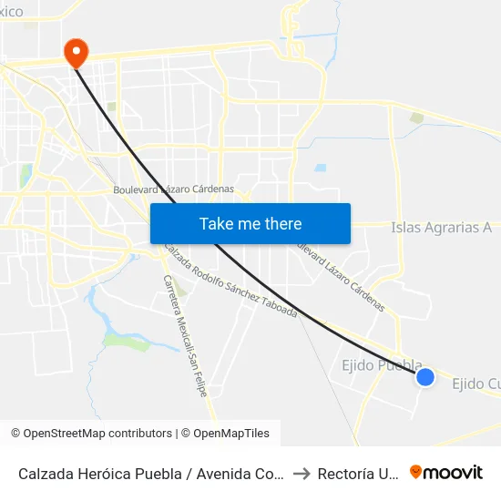 Calzada Heróica Puebla / Avenida Coatepec to Rectoría Uabc map