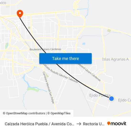 Calzada Heróica Puebla / Avenida Coatepec to Rectoría Uabc map