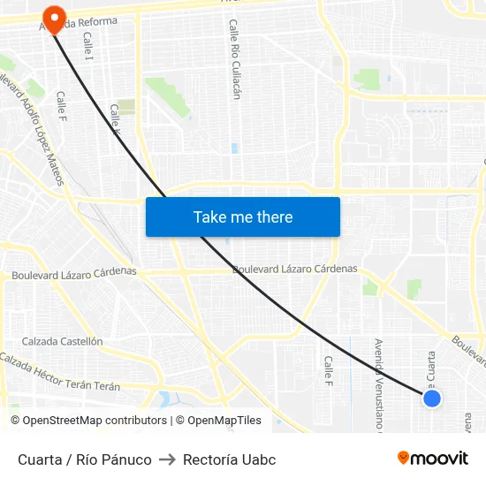 Cuarta / Río Pánuco to Rectoría Uabc map