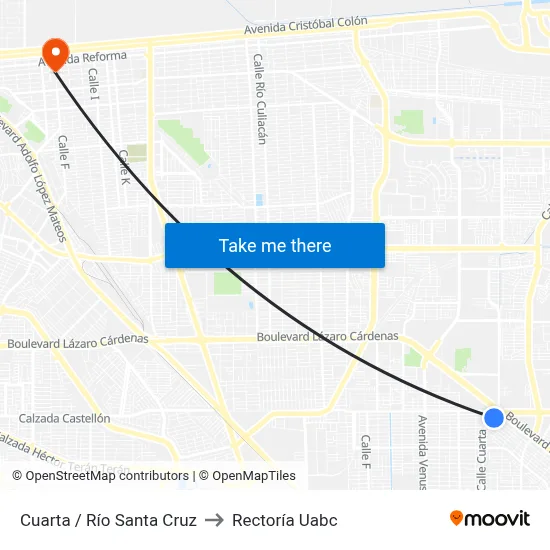 Cuarta / Río Santa Cruz to Rectoría Uabc map