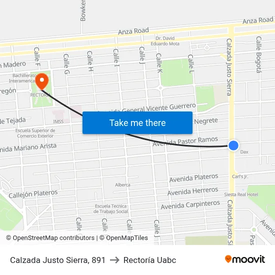 Calzada Justo Sierra, 891 to Rectoría Uabc map