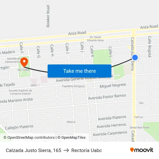 Calzada Justo Sierra, 165 to Rectoría Uabc map