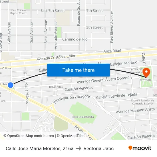 Calle José María Morelos, 216a to Rectoría Uabc map
