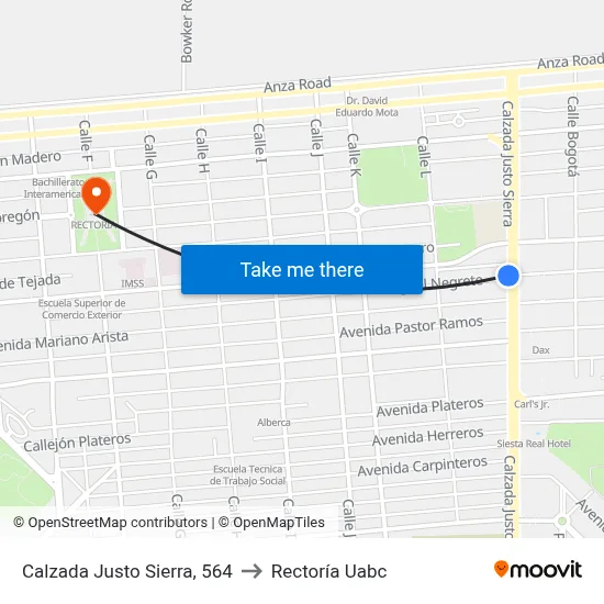 Calzada Justo Sierra, 564 to Rectoría Uabc map
