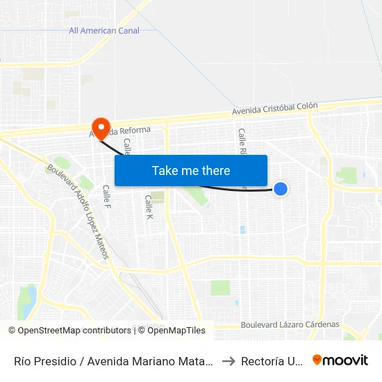 Río Presidio / Avenida Mariano Matamoros to Rectoría Uabc map