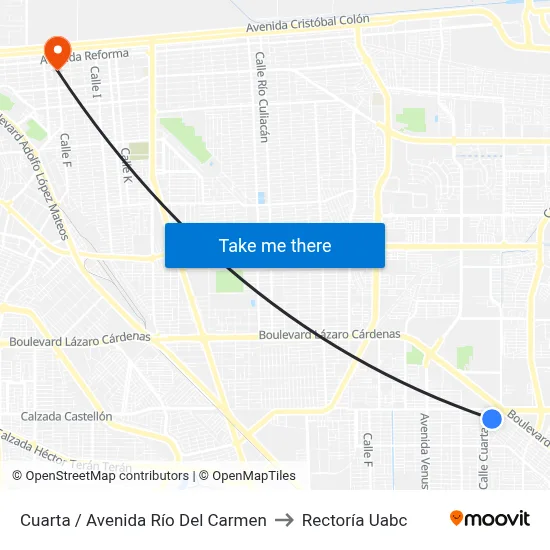 Cuarta / Avenida Río Del Carmen to Rectoría Uabc map