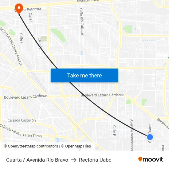 Cuarta / Avenida Río Bravo to Rectoría Uabc map