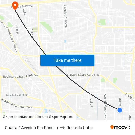 Cuarta / Avenida Río Pánuco to Rectoría Uabc map