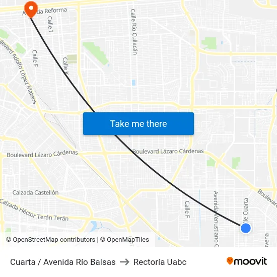 Cuarta / Avenida Río Balsas to Rectoría Uabc map