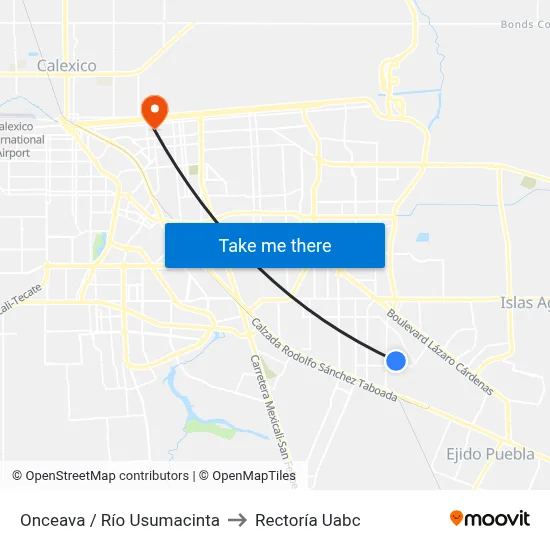 Onceava / Río Usumacinta to Rectoría Uabc map