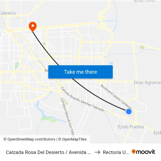 Calzada Rosa Del Desierto / Avenida Sanidina to Rectoría Uabc map