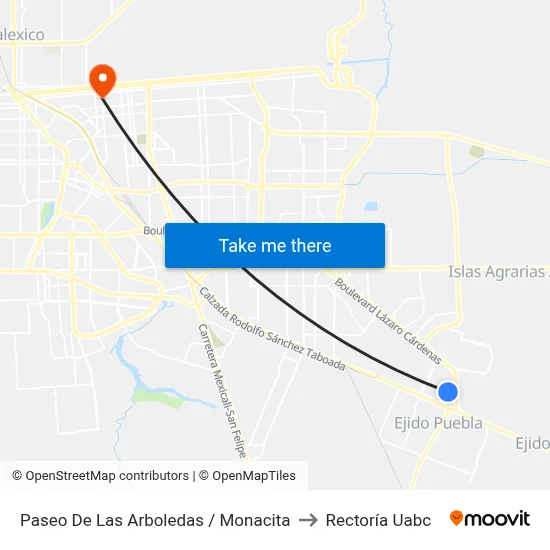 Paseo De Las Arboledas / Monacita to Rectoría Uabc map