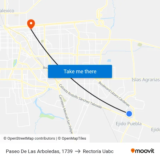 Paseo De Las Arboledas, 1739 to Rectoría Uabc map