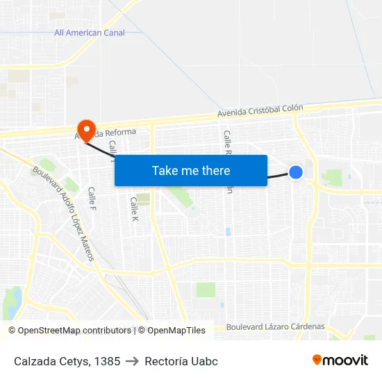 Calzada Cetys, 1385 to Rectoría Uabc map