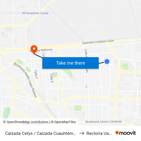Calzada Cetys / Calzada Cuauhtémoc to Rectoría Uabc map