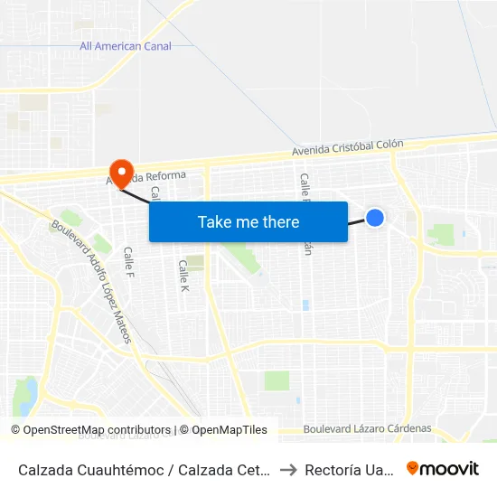 Calzada Cuauhtémoc / Calzada Cetys to Rectoría Uabc map