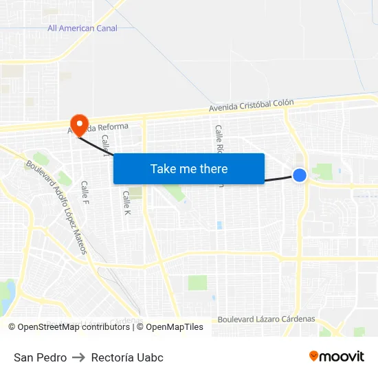 San Pedro to Rectoría Uabc map