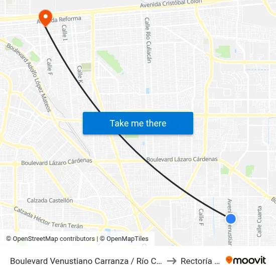 Boulevard Venustiano Carranza / Río Coatzacoalcos to Rectoría Uabc map
